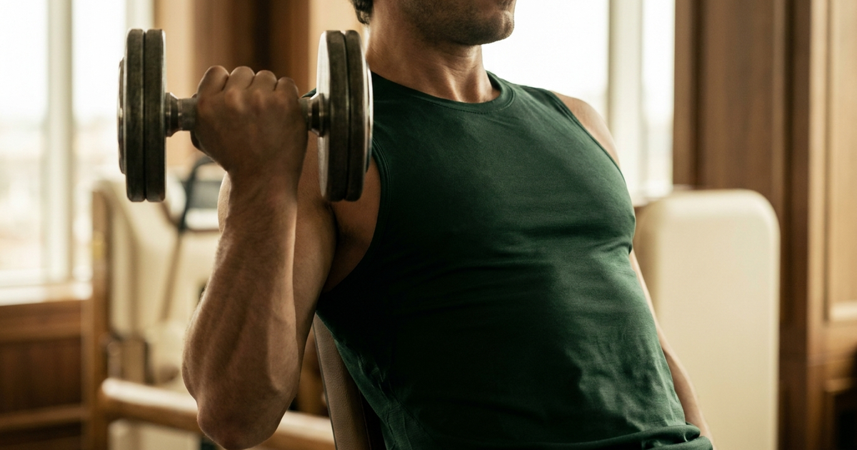 Fit man training chest in the gym with persistent gynecomastia — can chest exercises get rid of gynecomastia, explained by Dr. Paulo Michels, plastic surgeon in Abu Dhabi