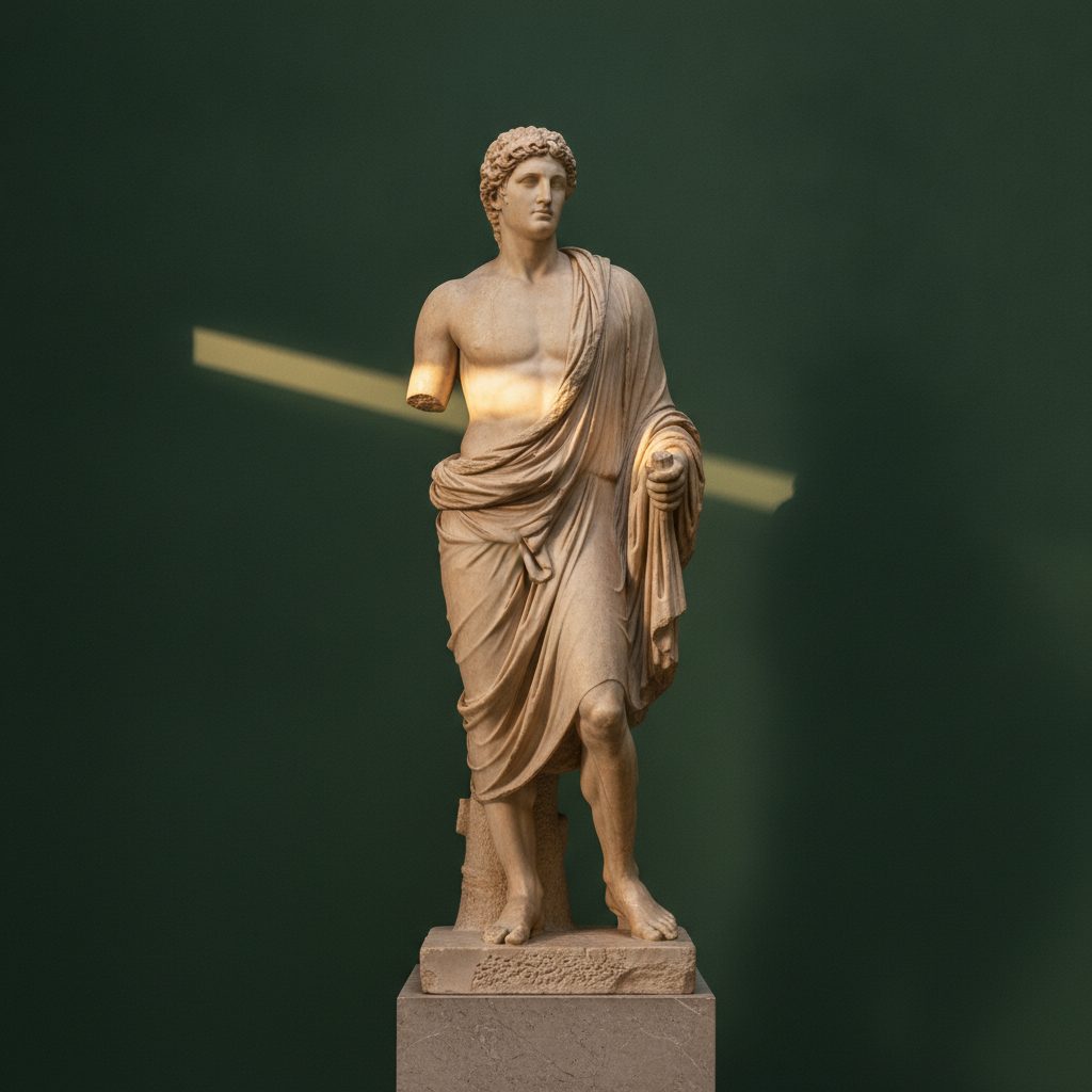 Classical marble statue of an athlete in gallery light — abdominal etching and high definition liposuction by Dr. Paulo Michels, Abu Dhabi