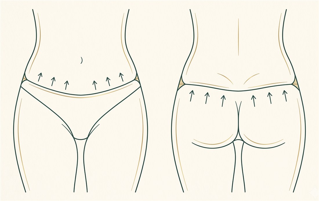 Front and back views of a body lift: the circumferential waistline incision with the skin, buttocks and thighs lifted upward
