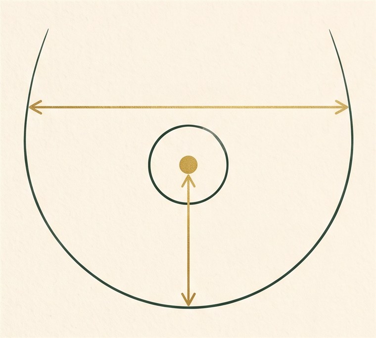 Front-view breast diagram with biodimensional measurement markers: base width across and nipple-to-fold distance — measurement-based implant planning by Dr. Paulo Michels