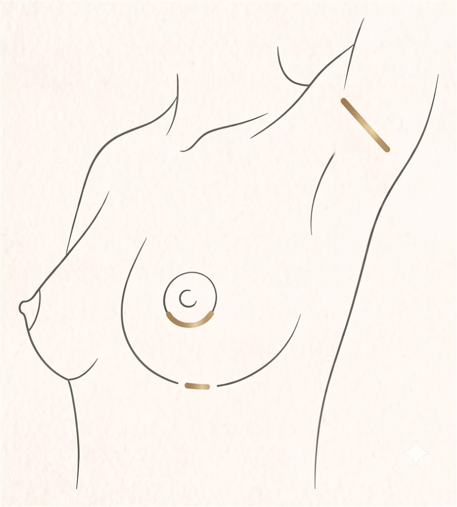 Breast marking the three incision options: inframammary fold (preferred), periareolar, and transaxillary (armpit)