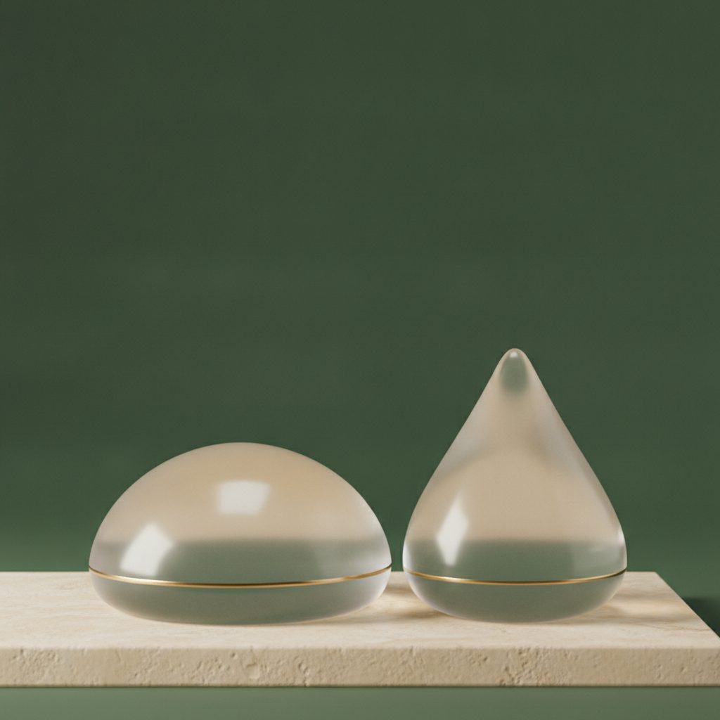 Stylised illustration of a round and an anatomical (teardrop) breast implant — implant types explained by Dr. Paulo Michels, Abu Dhabi