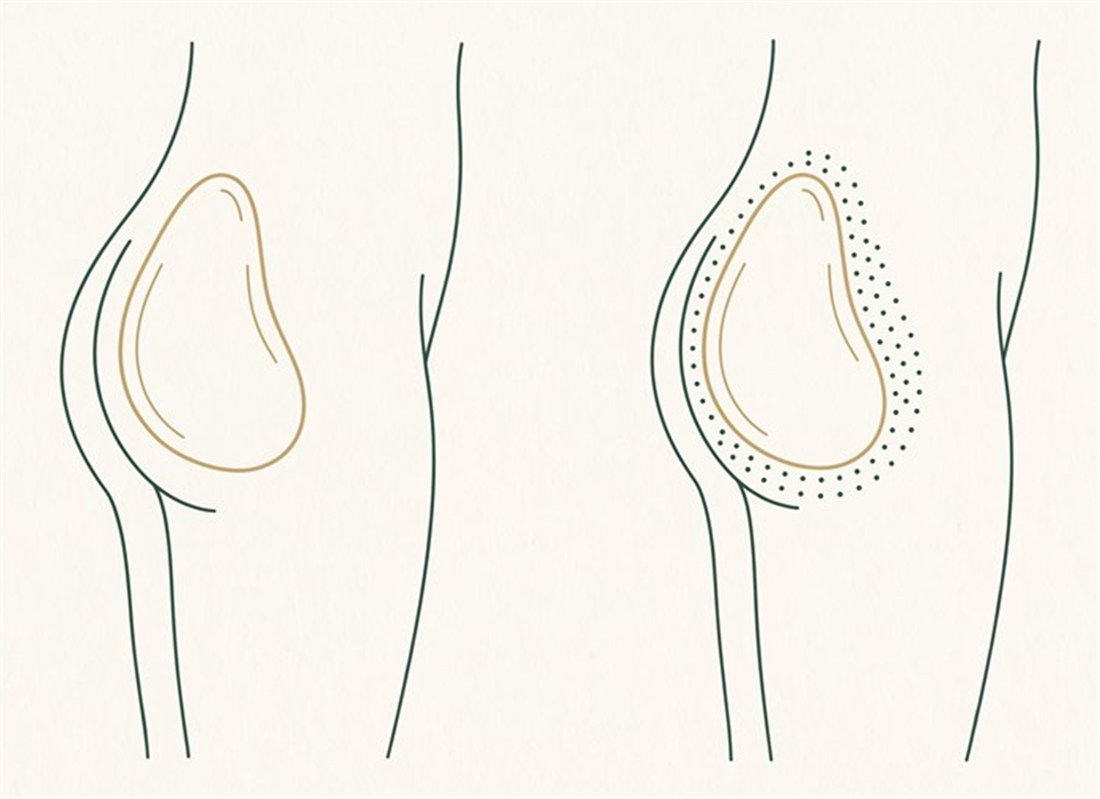 Comparison: an implant alone with a firm outline versus the same implant softened by a layer of grafted fat