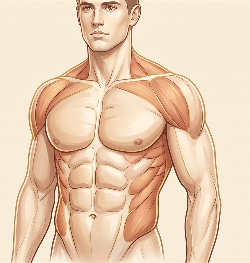 Anatomical illustration of a muscular male torso highlighting the muscle groups that can be augmented with fat grafting: deltoids, pectorals, rectus abdominis and obliques