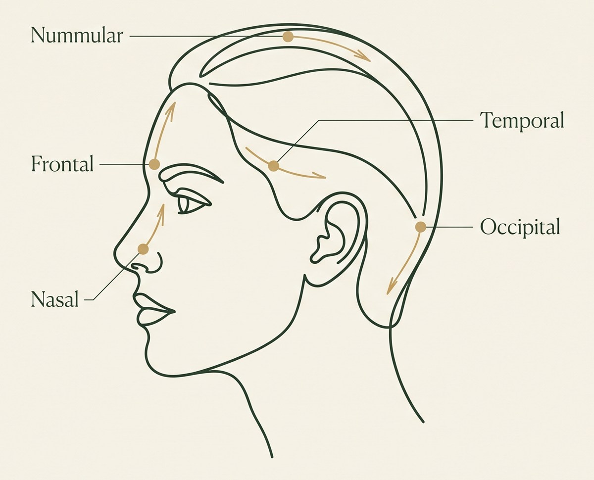 Head in profile with the five migraine trigger points labelled: frontal, temporal, occipital, nasal and nummular, each with its sensory nerve