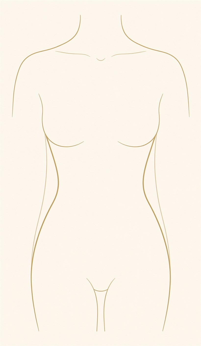 Line illustration of a defined, hourglass female silhouette achieved by rib remodeling