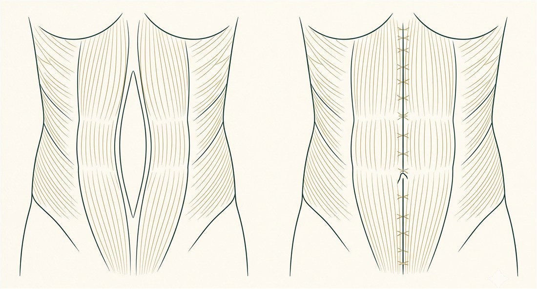 Diagram of diastasis recti: separated rectus muscles on the left, repaired with plication on the right